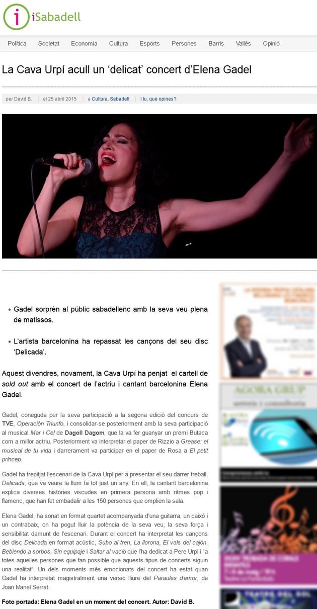 iSabadell: CAVAURPÍ acull un ‘delicat’ concert d’Elena Gadel