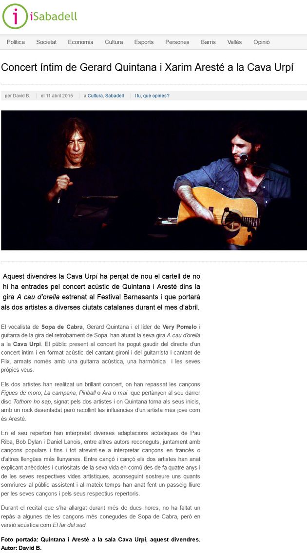 iSabadell: Concert íntim de Gerard Quintana i Xarim Aresté