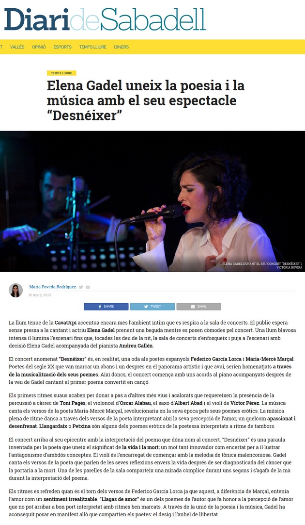 Diari de Sabadell: Elena Gadel uneix la poesia i la música amb el seu espectacle “Desnéixer”