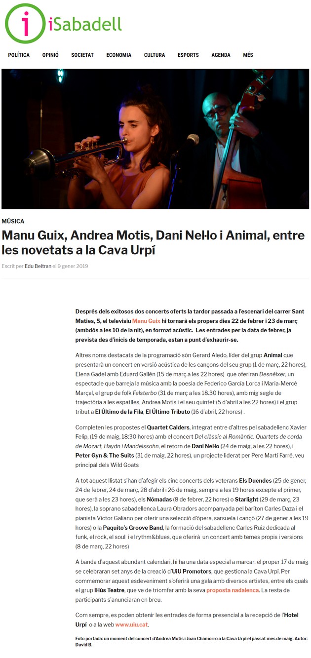 iSabadell: Manu Guix, Andrea Motis, Dani Nel·lo i Animal, entre les novetats a la Cava Urpí