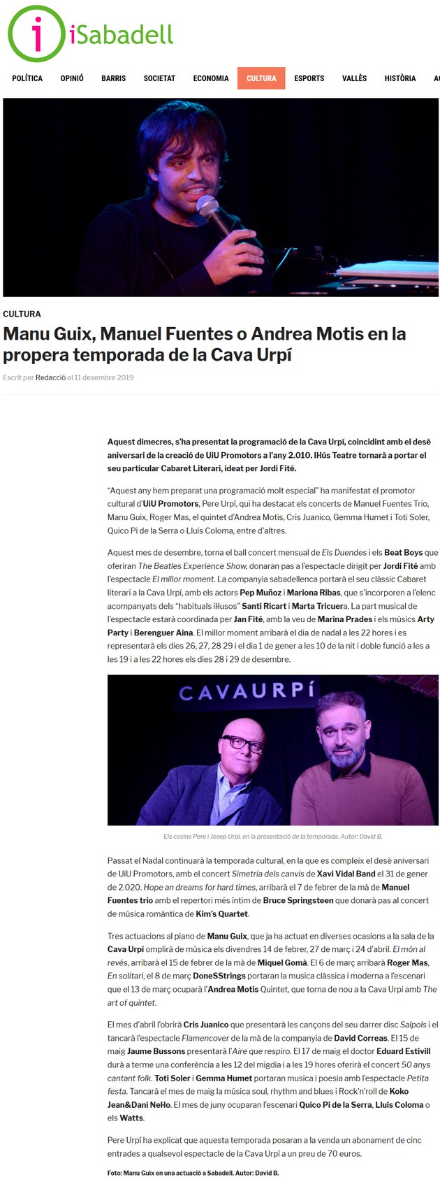 iSabadell: Manu Guix, Manuel Fuentes o Andrea Motis en la propera temporada de la Cava Urpí