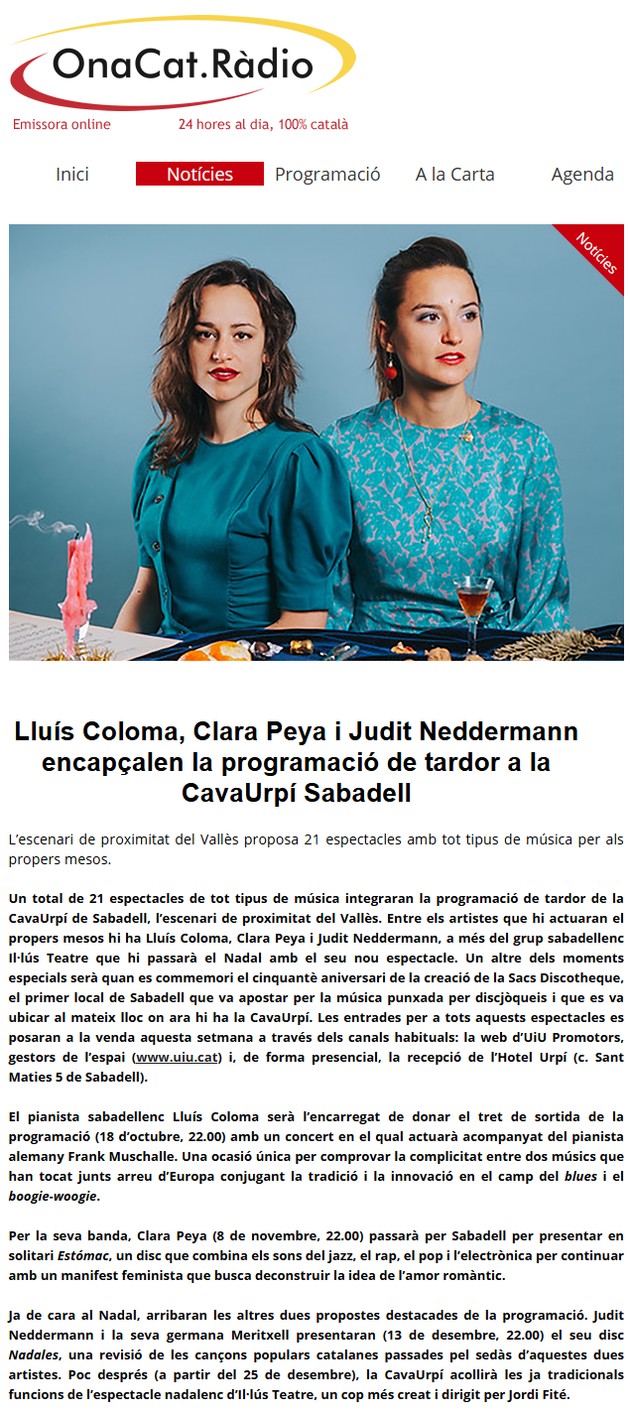 OnaCat.Ràdio: Lluís Coloma, Clara Peya i Judit Neddermann encapçalen programació de tardor a Cavaurpí