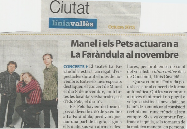 Línia Vallès: Manel i Els Pets actuaran a La Faràndula al novembre