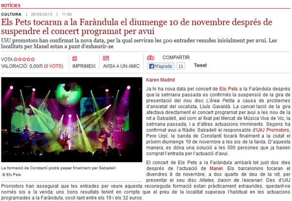 Radio Sabadell: Els Pets tocaran a la Faràndula el 10 de novembre