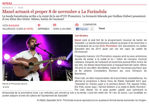 Radio Sabadell: Manel actuarà el proper 8/11 a La Faràndula