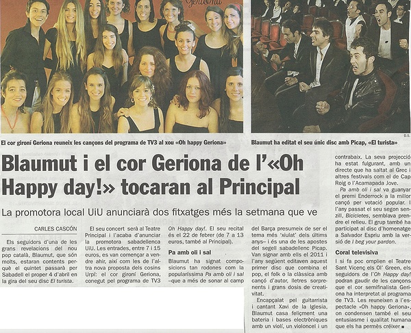 Diari de Sabadell: Blaumut i el cor Geriona tocaran al Principal