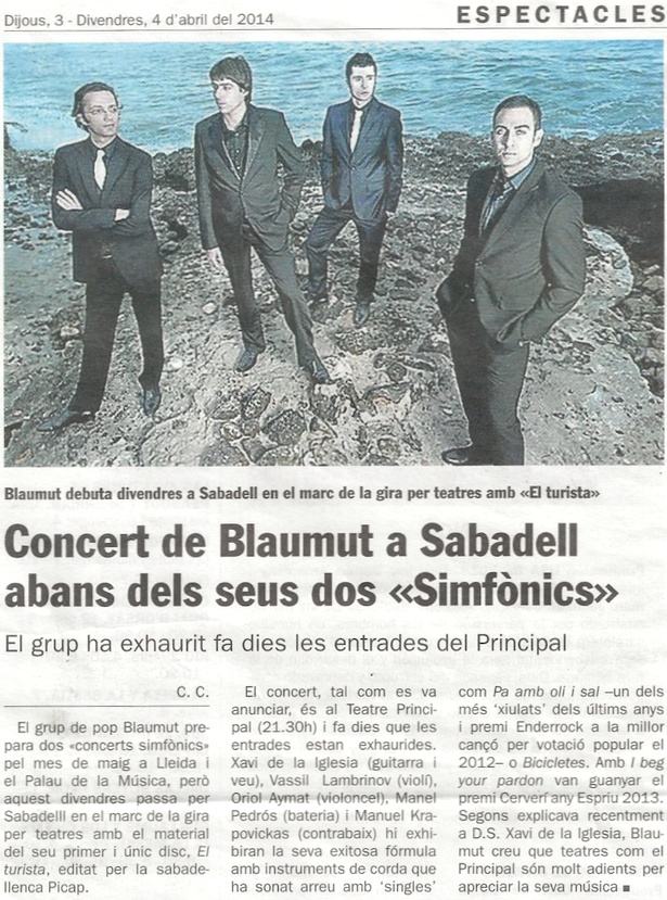 Diari de Sabadell: Concert de Blaumut a SBD abans dels “Simfònics”