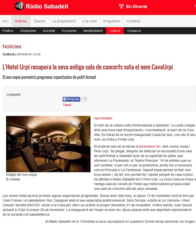 Ràdio Sabadell: L’Hotel Urpí recupera la seva antiga sala de concerts