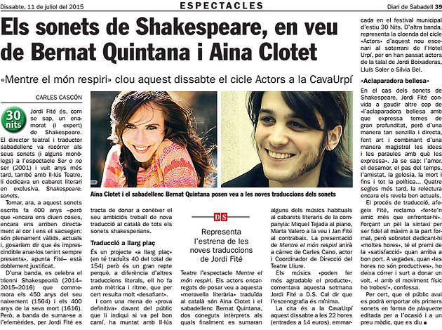 Diari de Sabadell: Els sonets de Shakespeare amb Quintana i Clotet