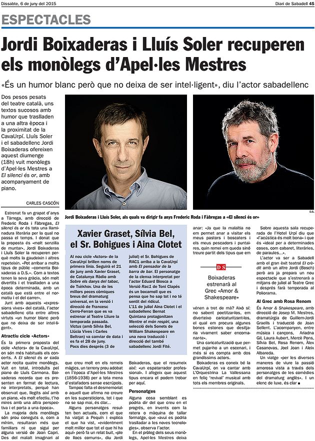 DS: J. Boixaderas i Lluís Soler recuperen monòlegs d’Apel·les Mestres
