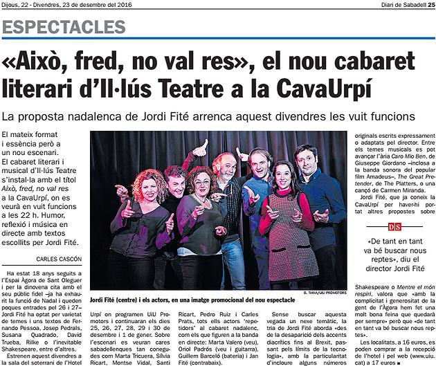 Diari de Sabadell: “Això, fred, no val res”, el nou cabaret  literari d’Il·lús Teatre a la CavaUrpí