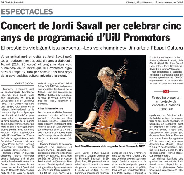 Diari de Sabadell: Concert de Jordi Savall per celebrar cinc anys d’UiU