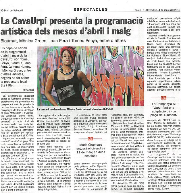 Diari de Sabadell: La CAVAURPÍ presenta la programació d’abril i maig