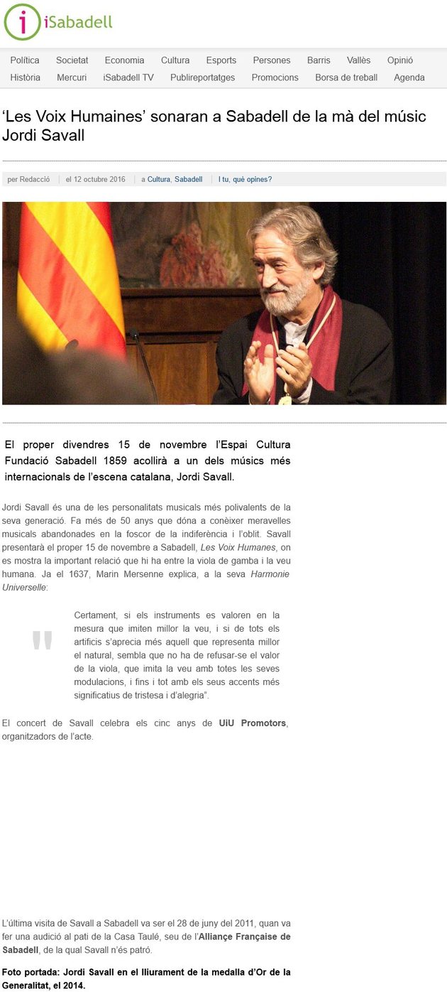 iSabadell: ‘Les Voix Humaines’ sonaran a Sabadell de la mà del músic Jordi Savall