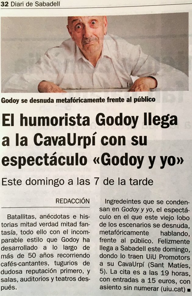 Diari de Sabadell: El humorista Godoy llega a la CAVAURPÍ con su espectáculo “Godoy y yo”