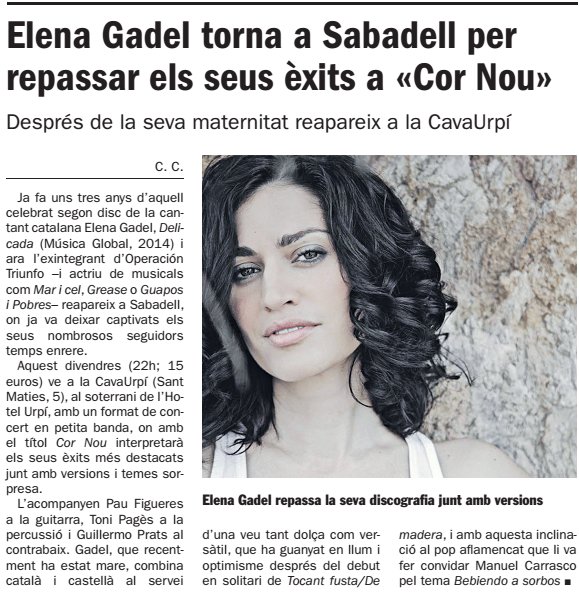 Diari de Sabadell: Elena Gadel torna a Sabadell per  repassar els seus èxits a «Cor Nou»