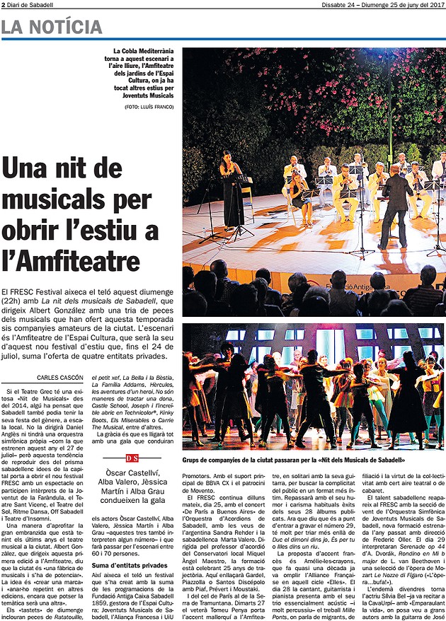 Diari de Sabadell: FRESC Festival, Una nit de musicals per obrir l’estiu a l’Amfiteatre