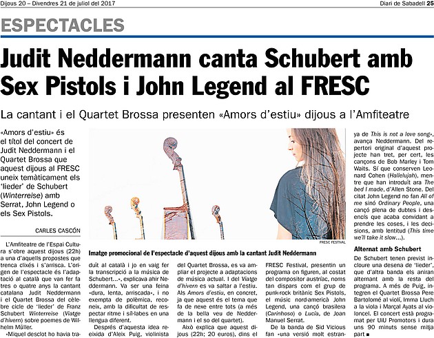 Diari de Sabadell: Judit Neddermann canta Schubert amb Sex Pistols i John Legend al FRESC