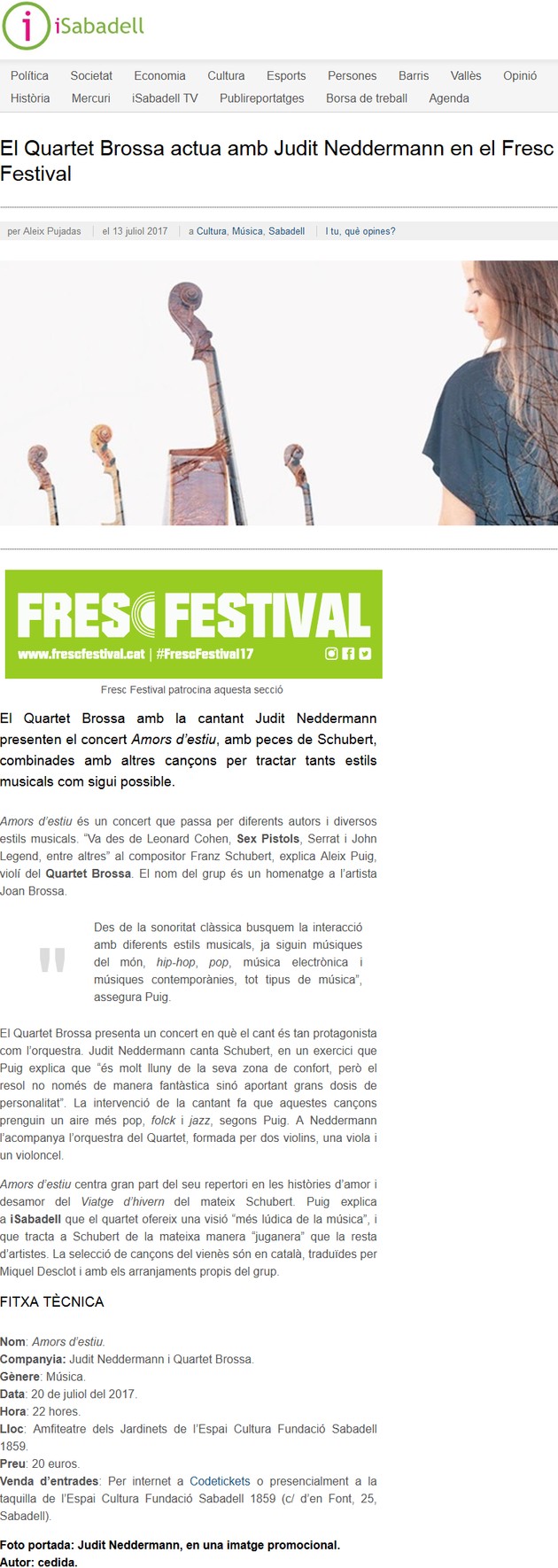 iSabadell: El Quartet Brossa actua amb Judit Neddermann en el Fresc Festival