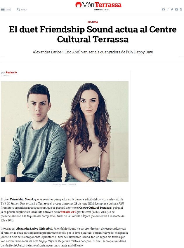 Món Terrassa: El duet Friendship Sound actua al Centre Cultural Terrassa