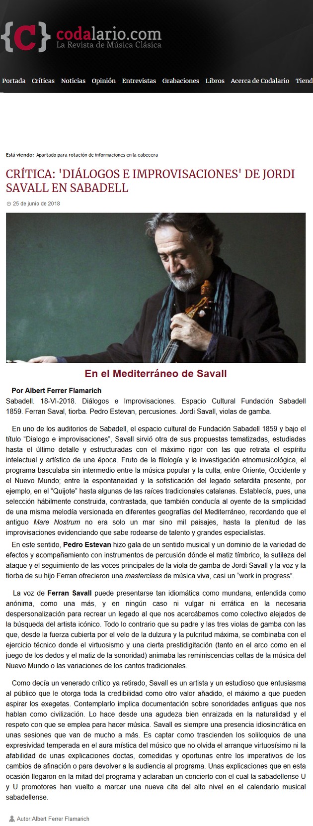 Codalario: Crítica ‘Diálogos e Improvisaciones’ de Jordi Savall en Sabadell
