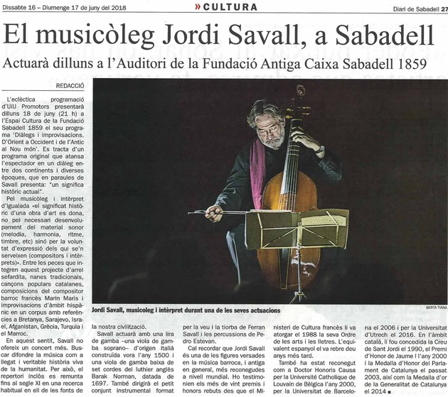 Diari de Sabadell: El musicòleg Jordi Savall, a Sabadell