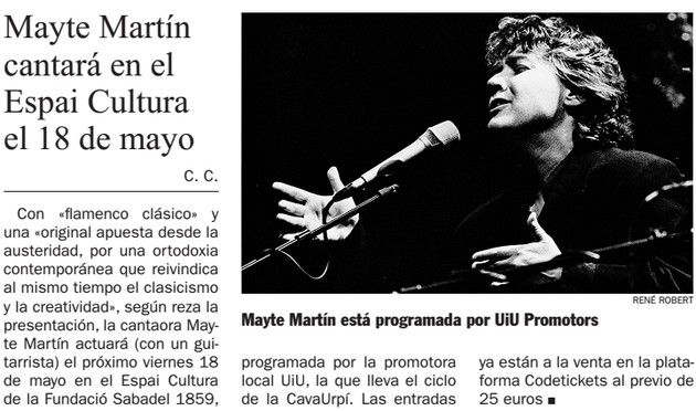 Diari de Sabadell: Mayte Martín  cantará en el  Espai Cultura  el 18 de mayo