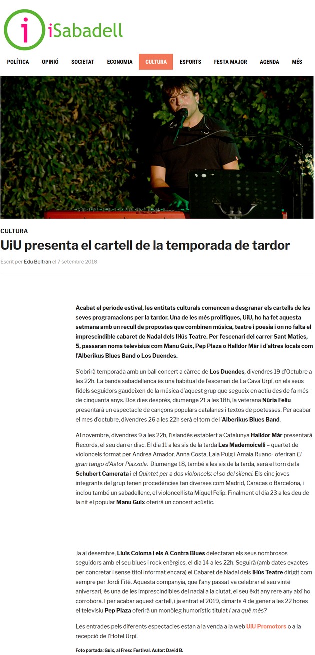 iSabadell: UiU presenta el cartell de la temporada de tardor