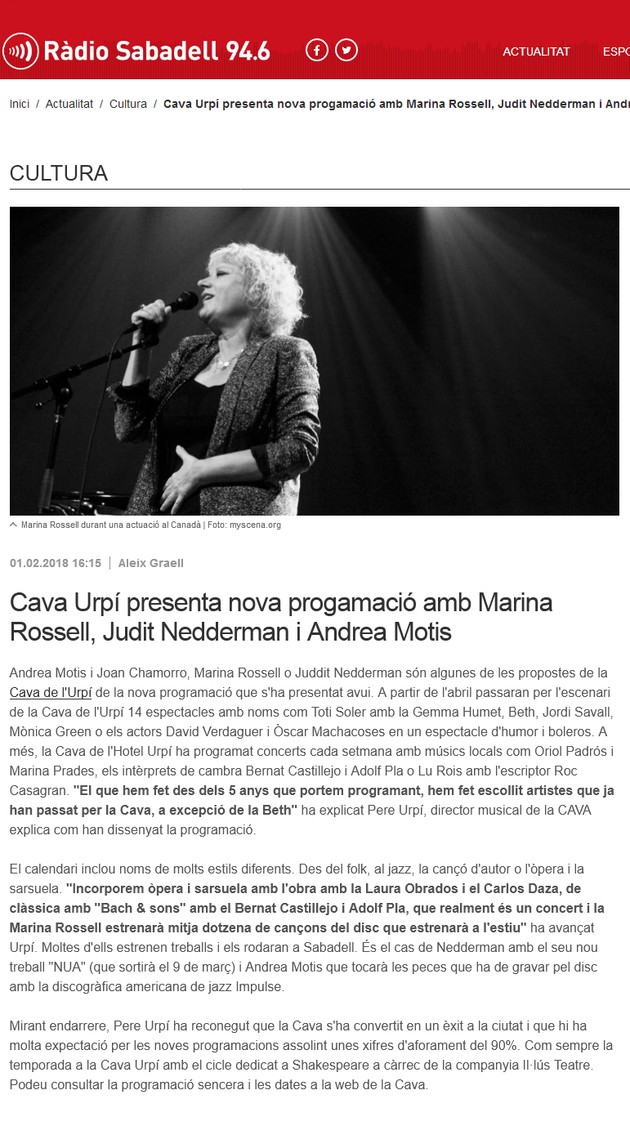 Ràdio Sabadell: Cava Urpí presenta nova progamació amb Marina Rossell, Judit Nedderman i Andrea Motis