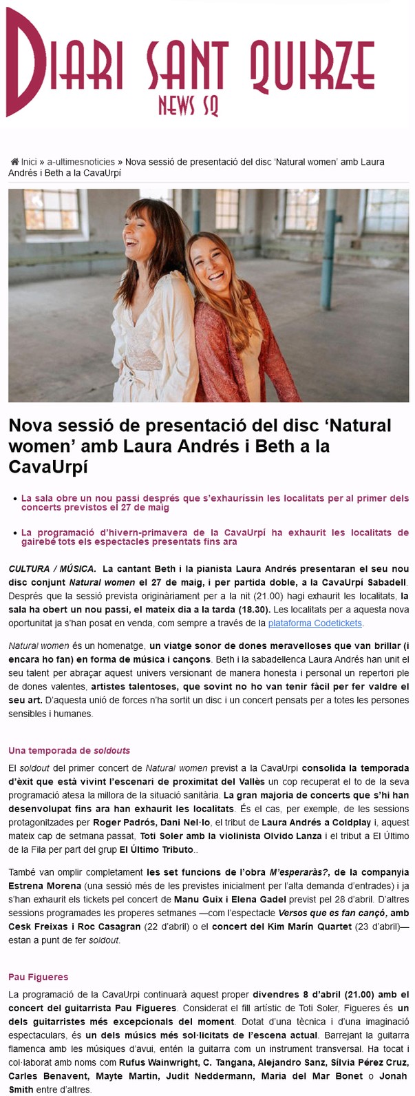 Diari Sant Quirze: Nova sessió de presentació del disc ‘Natural women’ amb Laura Andrés i Beth