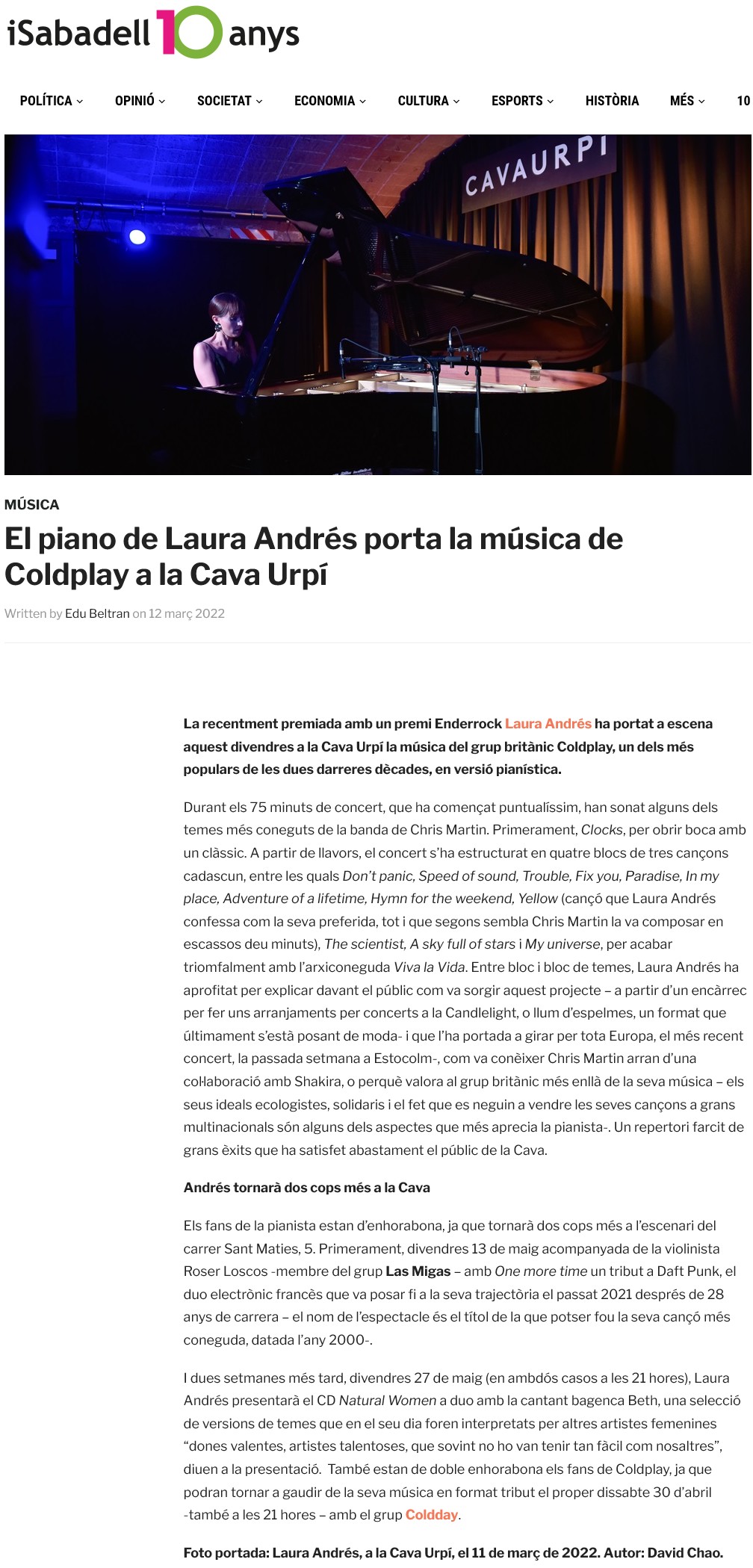 iSabadell: El piano de Laura Andrés porta la música de Coldplay a la Cava Urpí